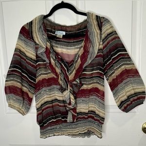 Minimi 3/4 Sleeve Sheer Blouse with Ruffled V-Neck. Size L. Color Maroon, Black,